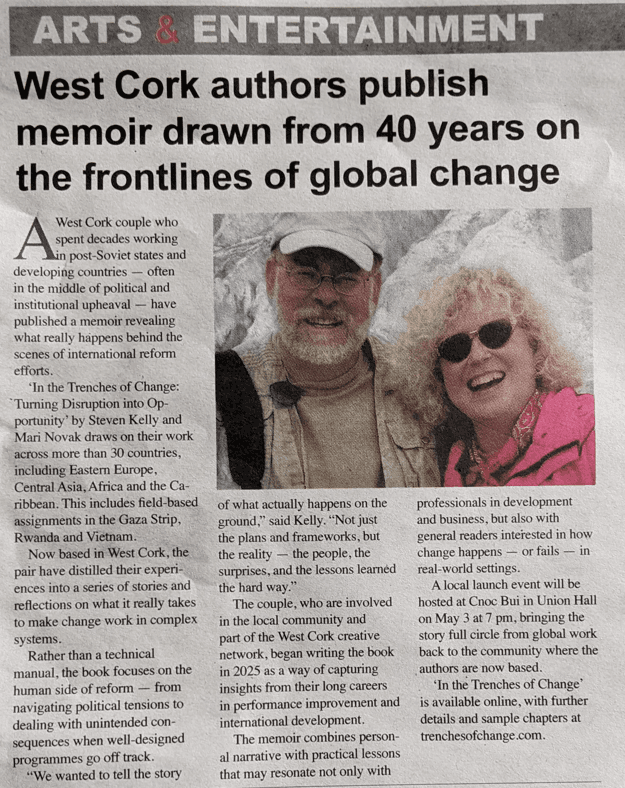 West Cork newspaper feature on the Ireland book launch of In the Trenches of Change